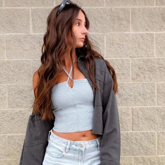 AE Light Blue Pin Stripe Vintage Wash Railroad Denim Cropped Spaghetti Top - Picture 10 of 17